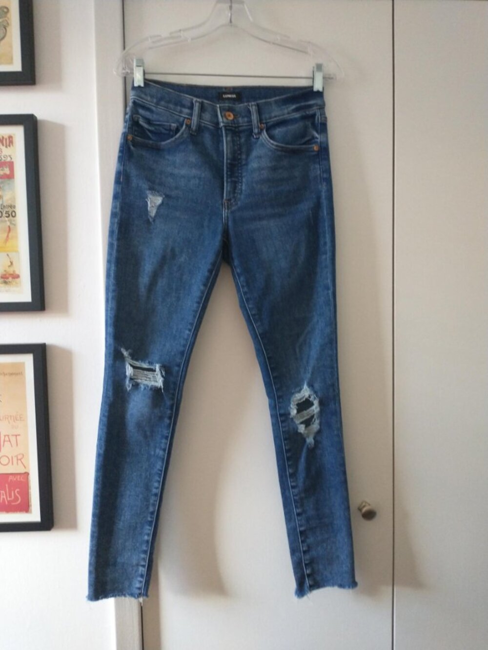 Express Mid Rise Distressed Raw Hem Skinny Jeans in Dark Wash